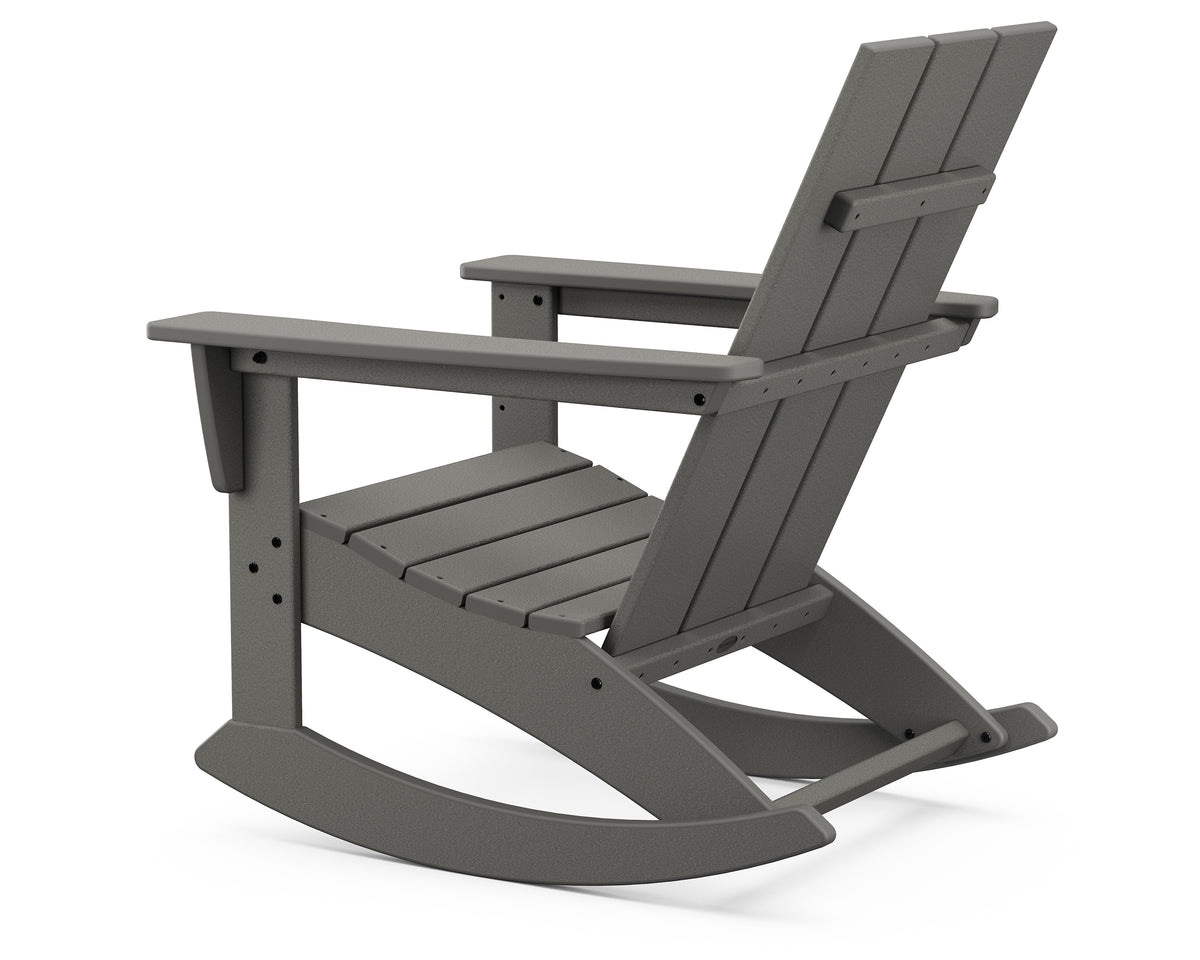 Angled view of the POLYWOOD Modern Adirondack Rocking Chair in Slate Grey