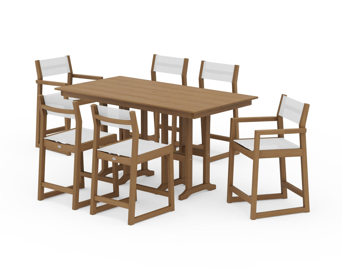 POLYWOOD EDGE Sling 7-Piece Farmhouse Counter Set with Trestle Legs in Natural / White