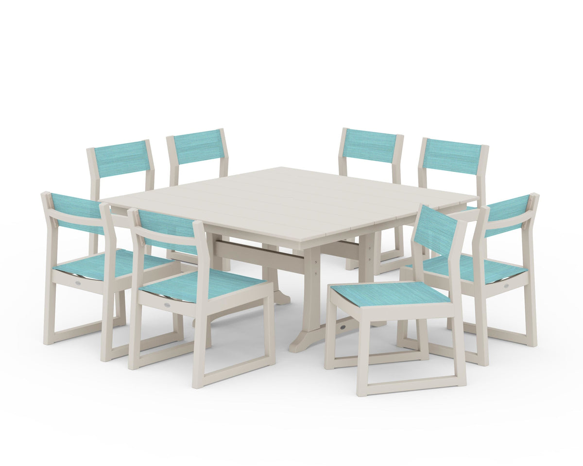 POLYWOOD EDGE Sling Side Chair 9-Piece Farmhouse Trestle Dining Set in Sand / Dupioni Aquamarine