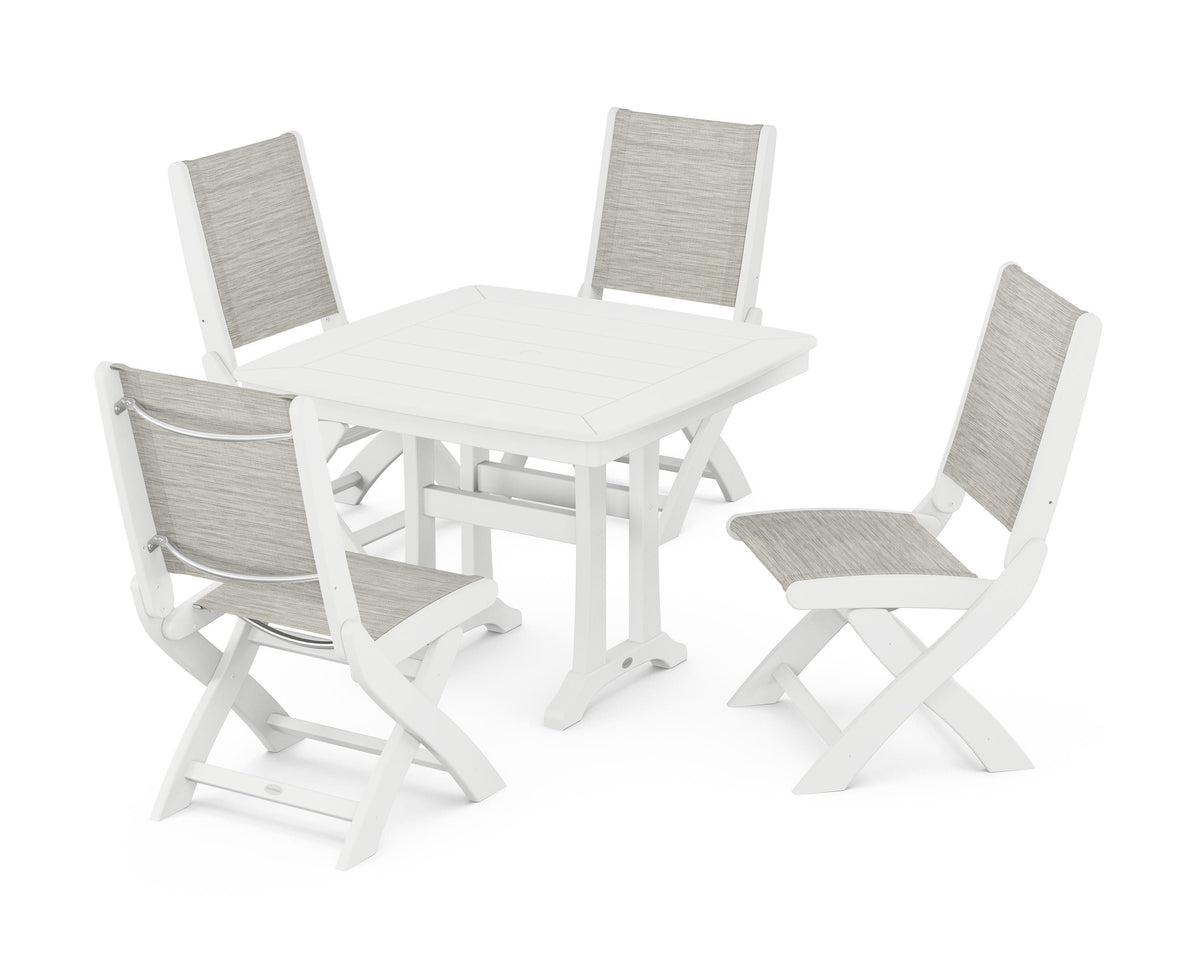 POLYWOOD Coastal Folding Side Chair 5-Piece Dining Set with Trestle Legs in White / Birch