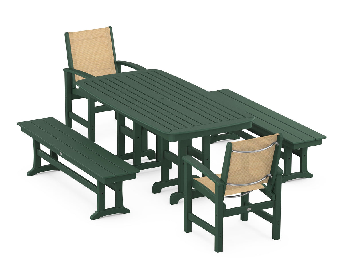 POLYWOOD Coastal 5-Piece Dining Set with Nautical 37" x 72" Dining Table in Green / Dupioni Apricot