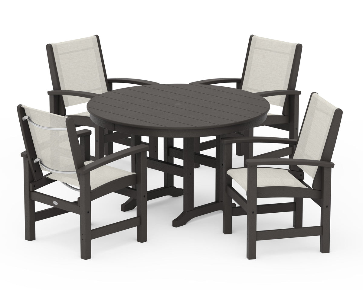 POLYWOOD Coastal 5-Piece Round Farmhouse Dining Set in Vintage Coffee / Parchment