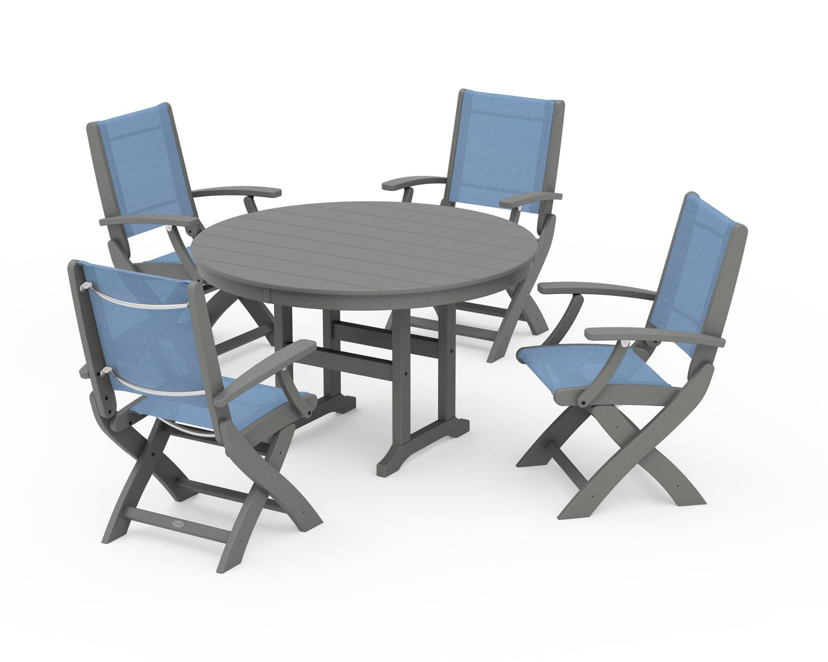 POLYWOOD Coastal Folding Chair 5-Piece Round Dining Set in Slate Grey / Poolside