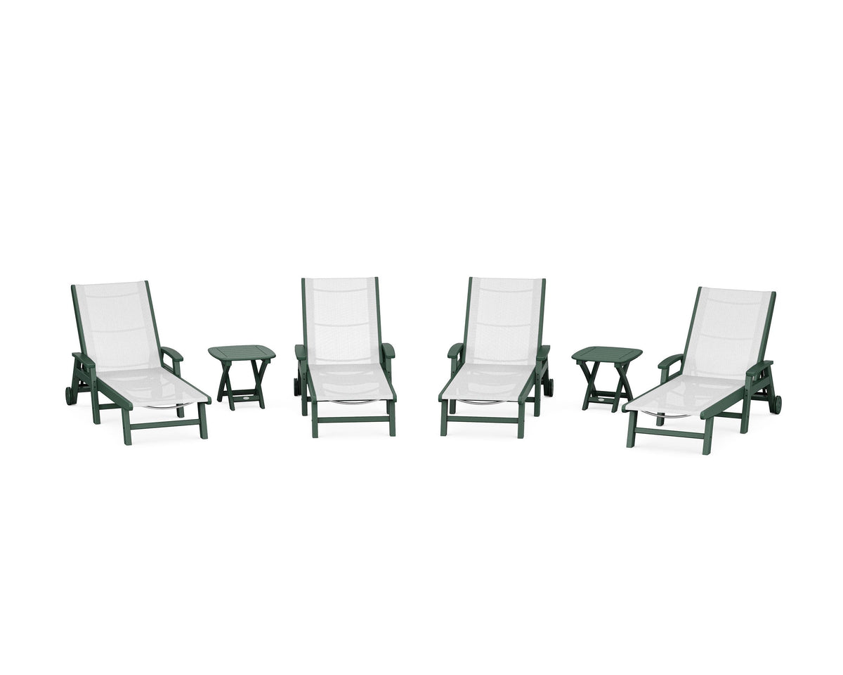 POLYWOOD Coastal Chaise 6-Piece Set with Wheels in Green / White