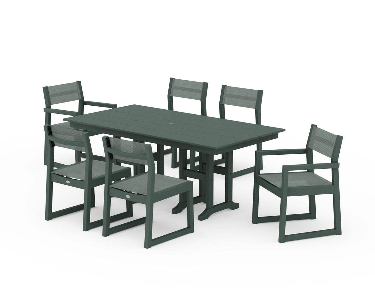 POLYWOOD EDGE Sling 7-Piece Farmhouse Dining Set in Green / Dupioni Sea Mist
