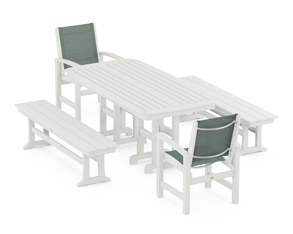 POLYWOOD Coastal 5-Piece Dining Set with Nautical 37" x 72" Dining Table in Vintage White / Dupioni Sea Mist