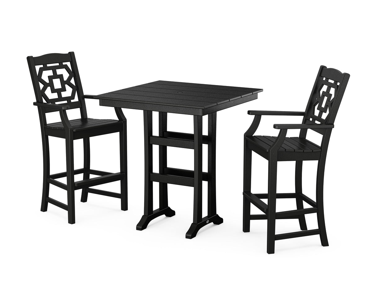 POLYWOOD Chinoiserie 3-Piece Farmhouse Bar Set with Trestle Legs in Black