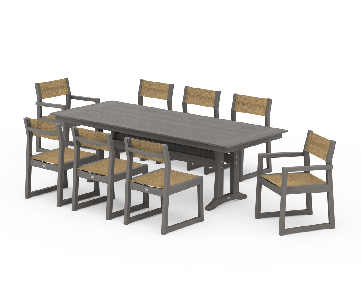 POLYWOOD EDGE Sling 9-Piece Farmhouse Trestle Dining Set in Driftwood / Burlap