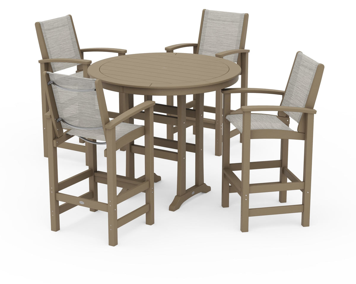 POLYWOOD Coastal 5-Piece Nautical Trestle Bar Set in Vintage Sahara / Birch