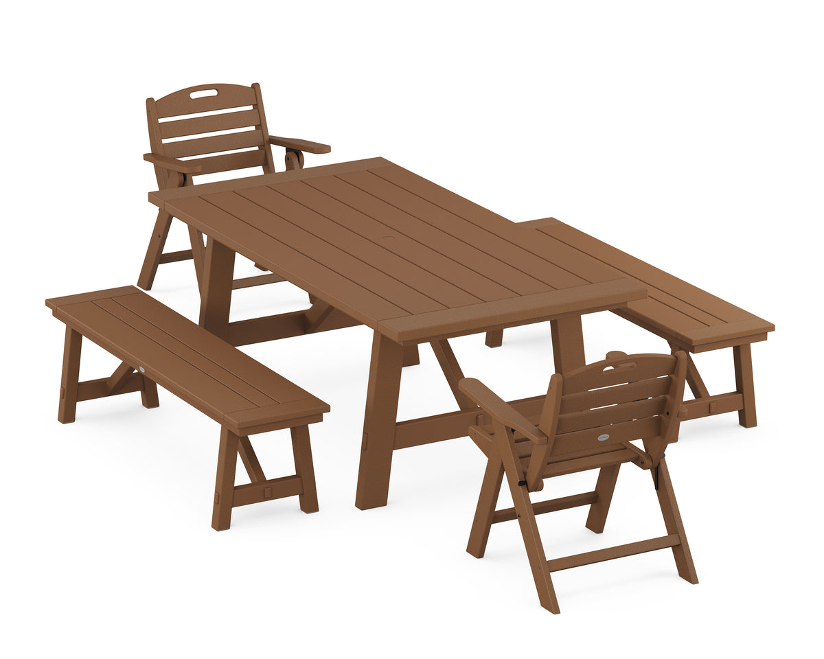 POLYWOOD Nautical Folding Lowback Chair 5-Piece Rustic Farmhouse Dining Set with Benches in Teak