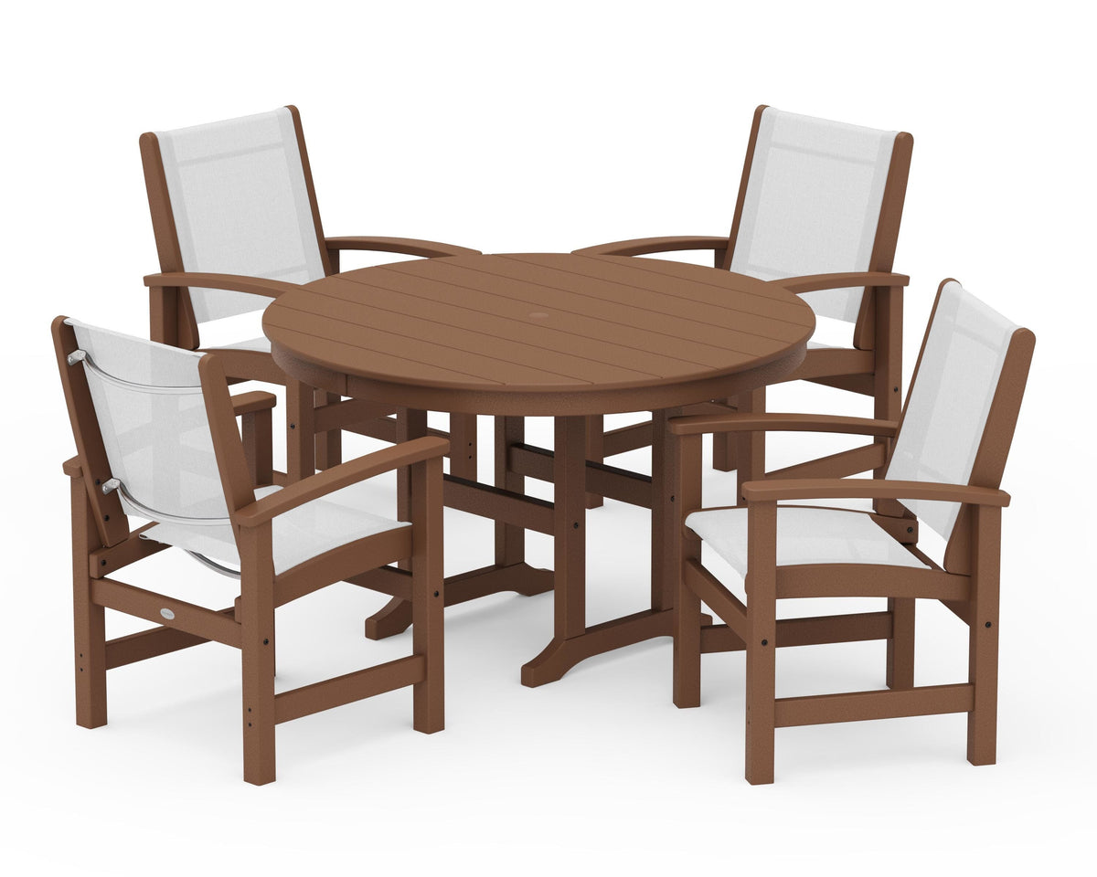 POLYWOOD Coastal 5-Piece Round Farmhouse Dining Set in Teak / White