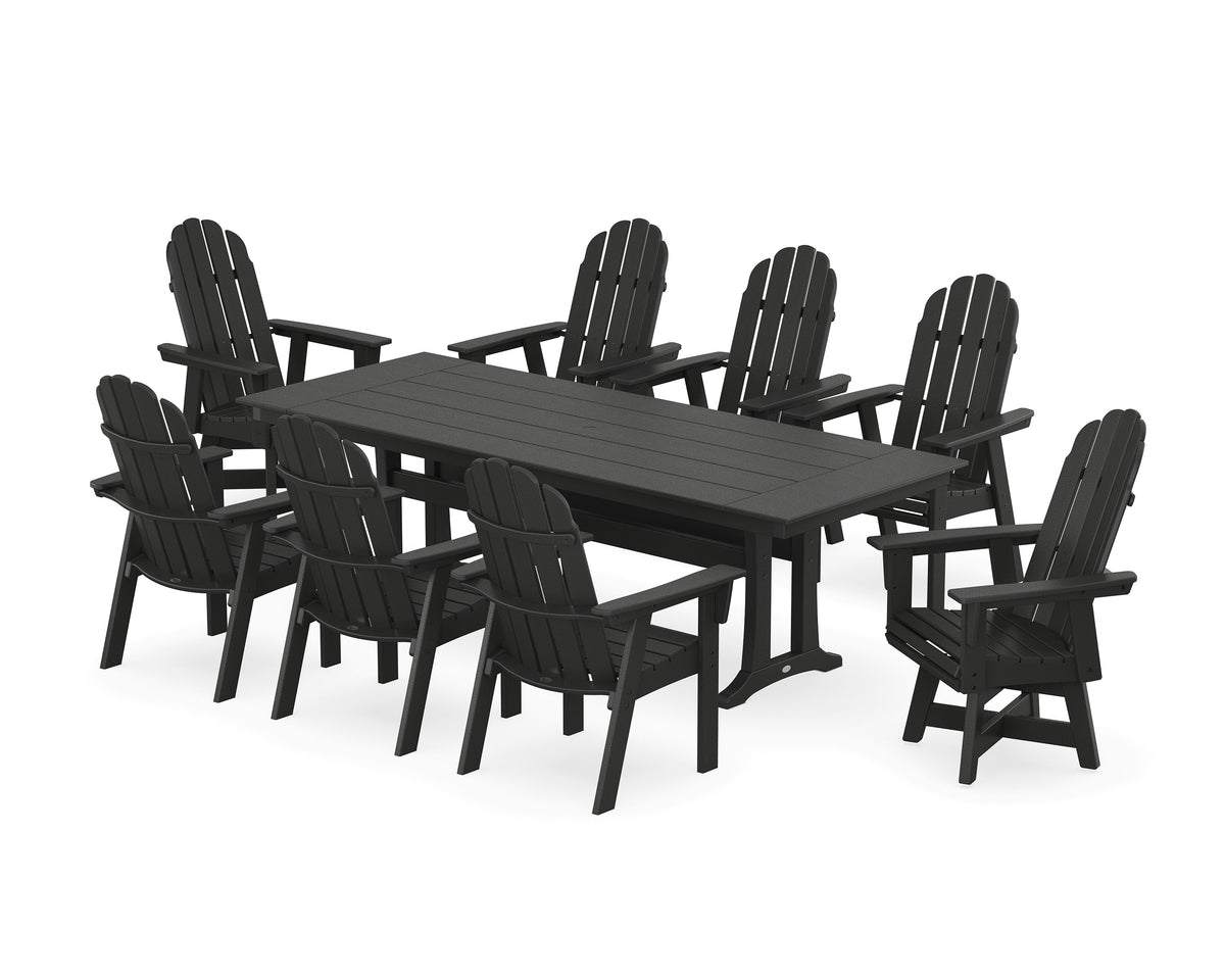 POLYWOOD Vineyard 9-Piece Curveback Adirondack Swivel Farmhouse Dining Set with Trestle Legs in Black