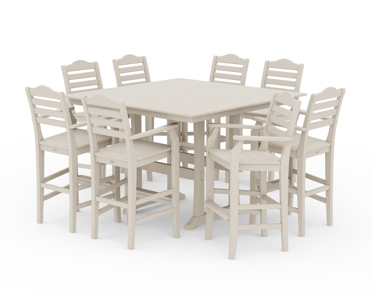 POLYWOOD Savannah 9-Piece Square Farmhouse Bar Set with Trestle Legs in Sand