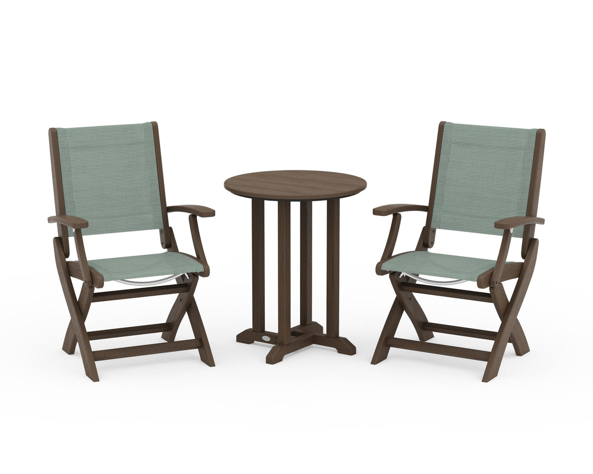 POLYWOOD Coastal Folding 3-Piece Round Bistro Dining Set in Kona / Dupioni Sea Mist