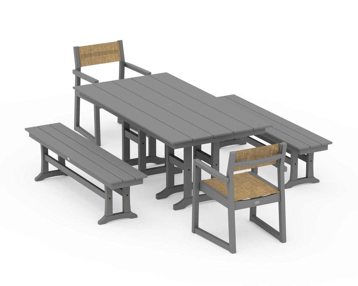 POLYWOOD EDGE Sling Arm Chair 5-Piece Farmhouse Dining Set with Benches in Slate Grey / Burlap