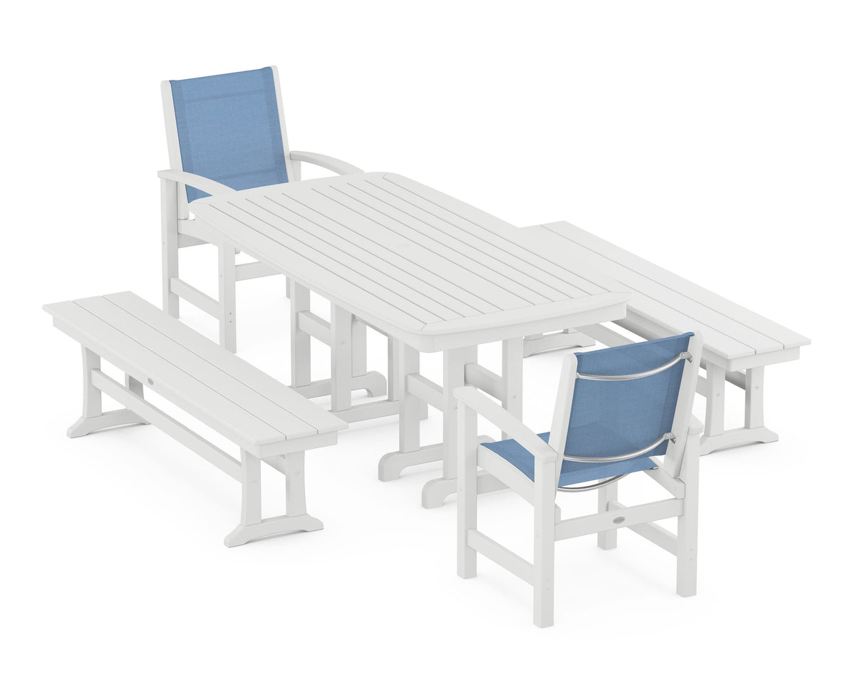 POLYWOOD Coastal 5-Piece Dining Set with Nautical 37" x 72" Dining Table in White / Poolside