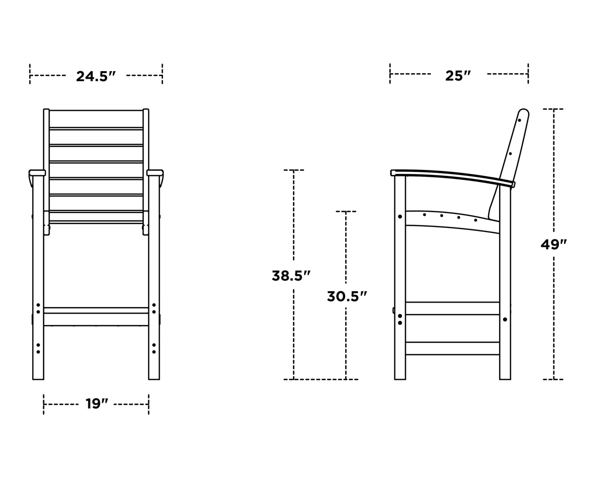 POLYWOOD Signature Bar Chair dimension drawing with width, depth and height measurements