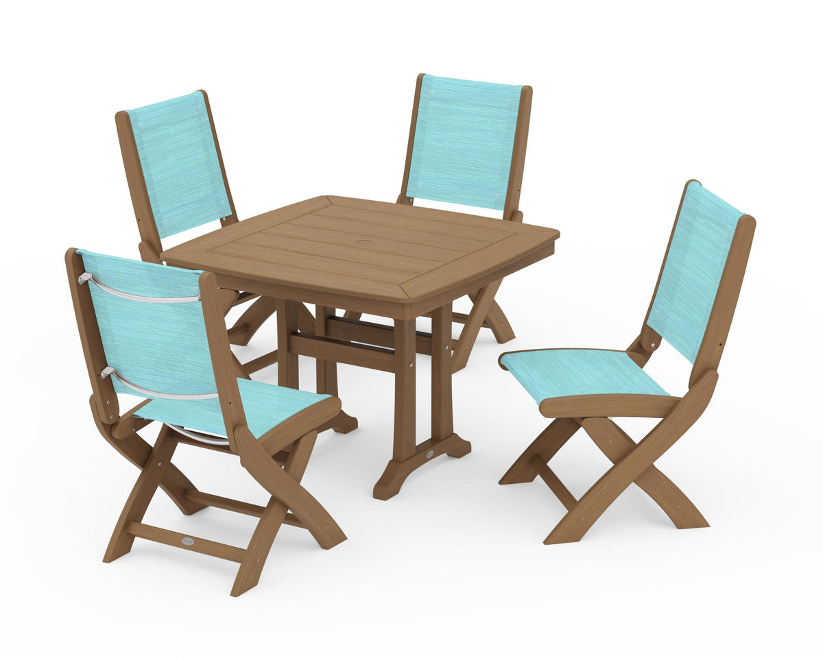 POLYWOOD Coastal Folding Side Chair 5-Piece Dining Set with Trestle Legs in Natural / Dupioni Aquamarine