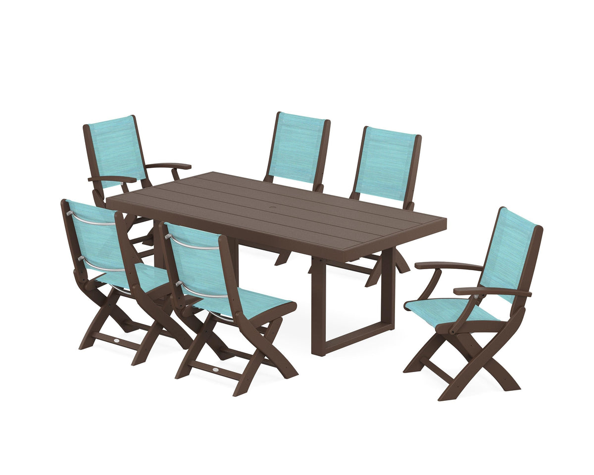 POLYWOOD Coastal Folding Chair 7-Piece Dining Set with Trestle Legs with EDGE 40" x 78" Dining Table in Mahogany / Dupioni Aquamarine