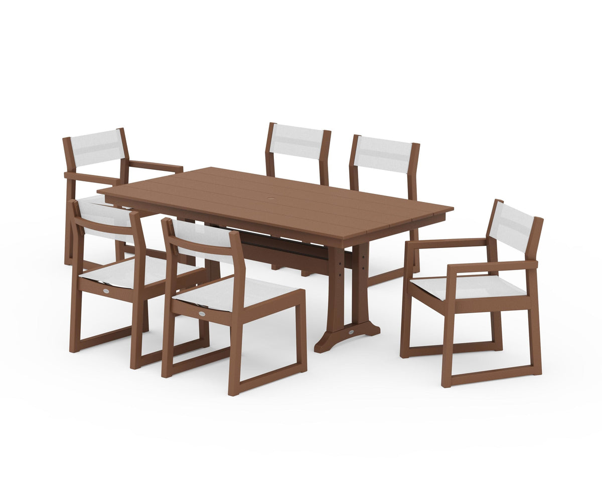 POLYWOOD EDGE Sling 7-Piece Farmhouse Trestle Dining Set in Teak / White