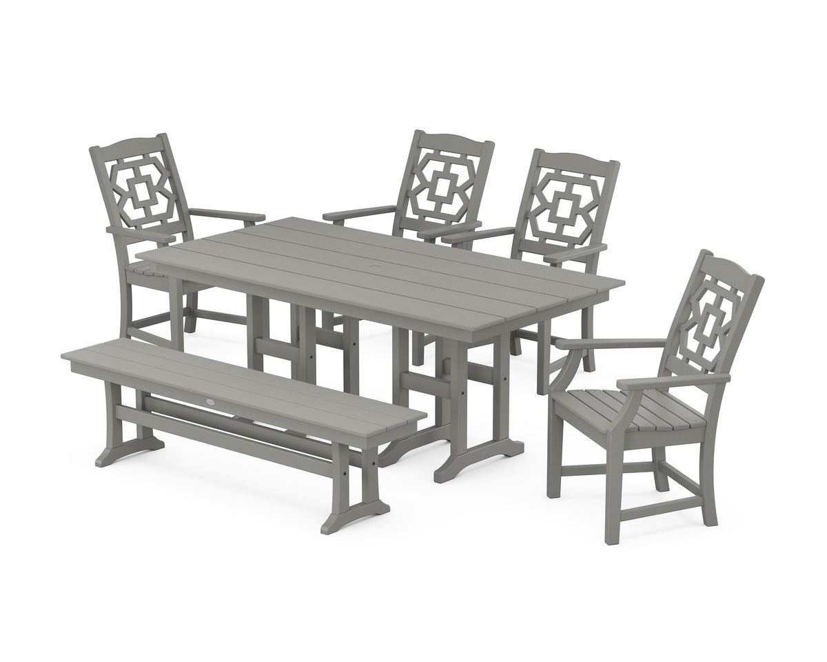 POLYWOOD Chinoiserie 6-Piece Farmhouse Dining Set with Bench in Slate Grey
