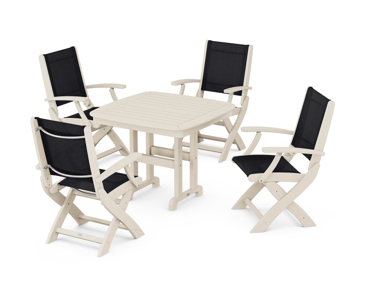 POLYWOOD Coastal Folding Chair 5-Piece Dining Set with Nautical 37" Dining Table in Sand / Black
