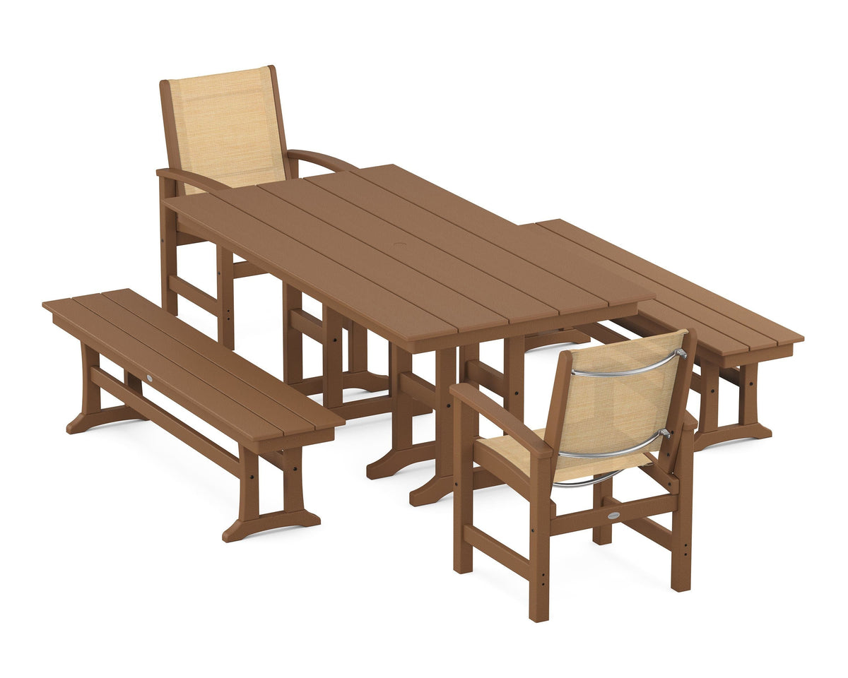 POLYWOOD Coastal 5-Piece Farmhouse Dining Set with Farmhouse 37" x 72" Dining Table in Teak / Dupioni Apricot