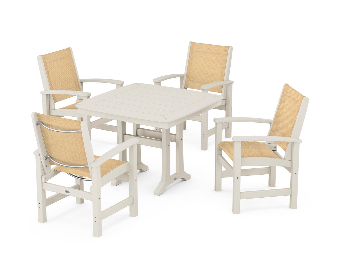 POLYWOOD Coastal 5-Piece Dining Set with Trestle Legs with Nautical Trestle 37" Dining Table in Sand / Dupioni Apricot