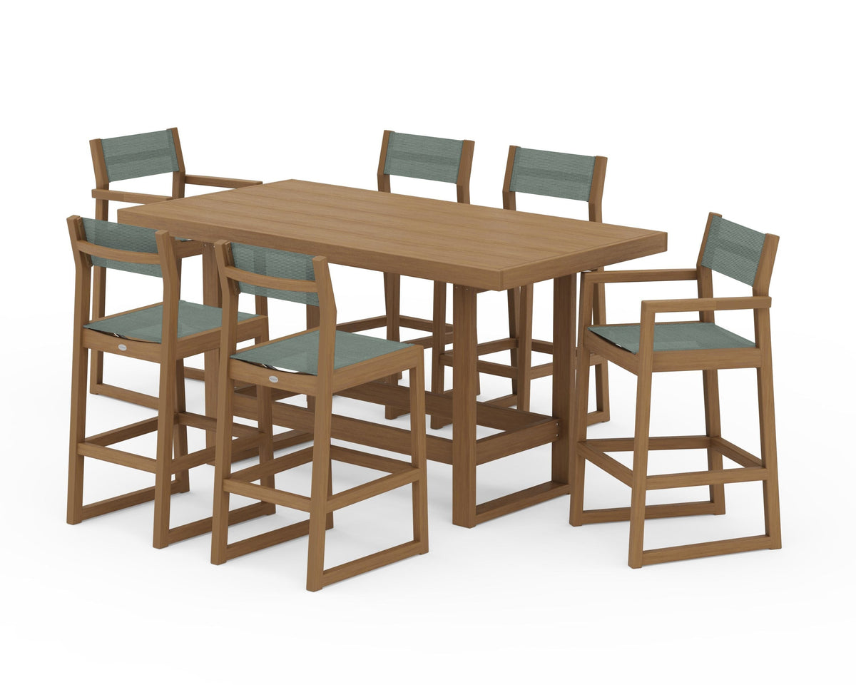 POLYWOOD EDGE Sling 7-Piece Bar Table Set in Natural / Dupioni Sea Mist