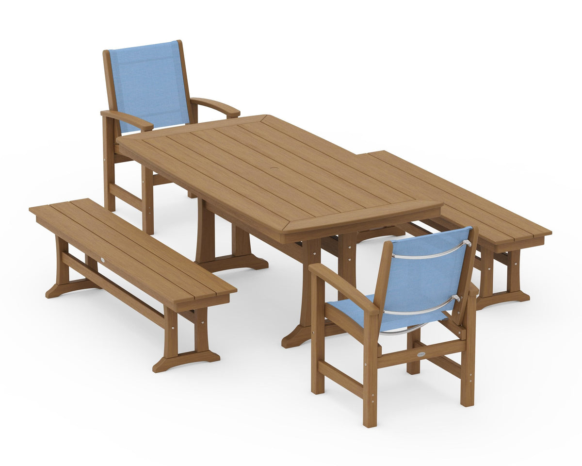 POLYWOOD Coastal 5-Piece Dining Set with Trestle Legs and Benches in Natural / Poolside