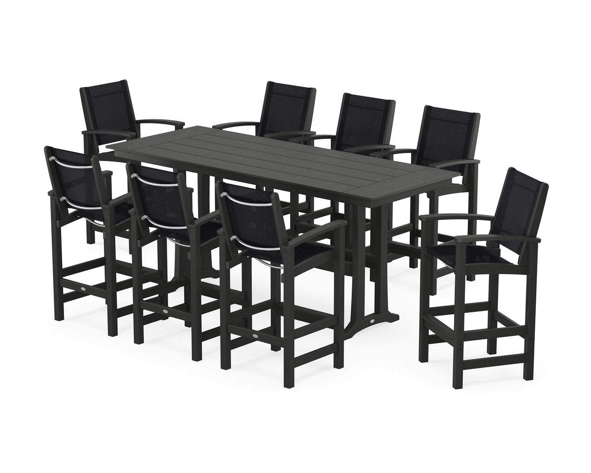POLYWOOD Coastal 9-Piece Farmhouse Bar Set with Trestle Legs in Black / Black