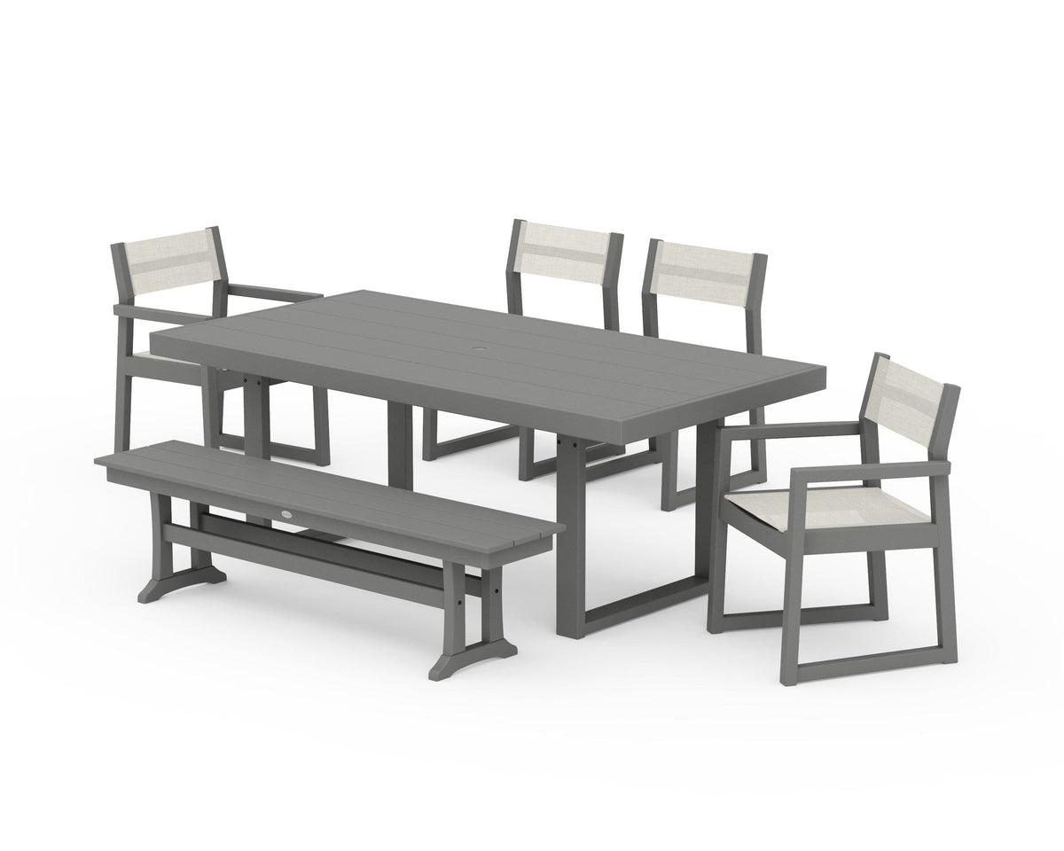 POLYWOOD EDGE Sling 6-Piece Dining Set with Bench in Slate Grey / Parchment
