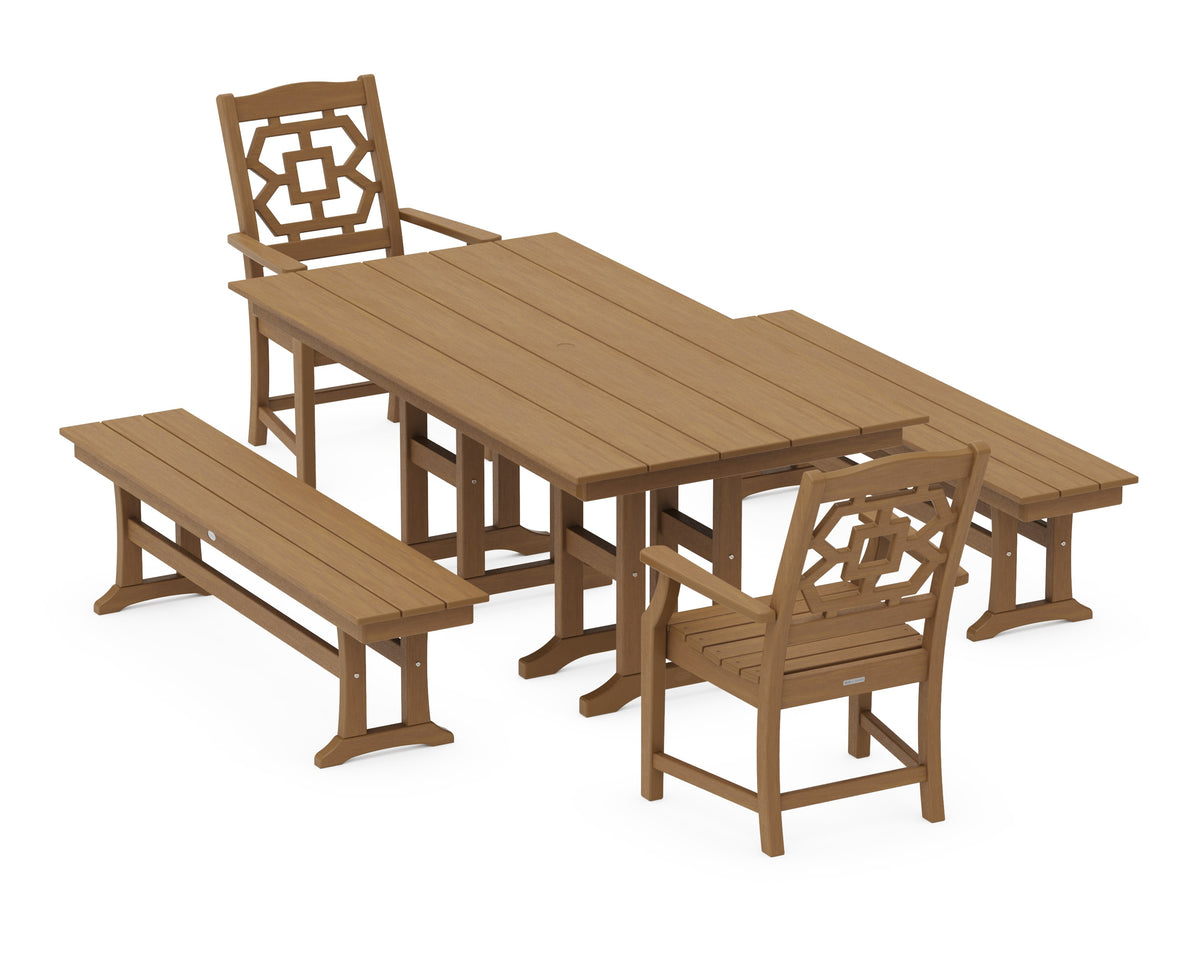 POLYWOOD Chinoiserie 5-Piece Farmhouse Dining Set with Benches in Natural