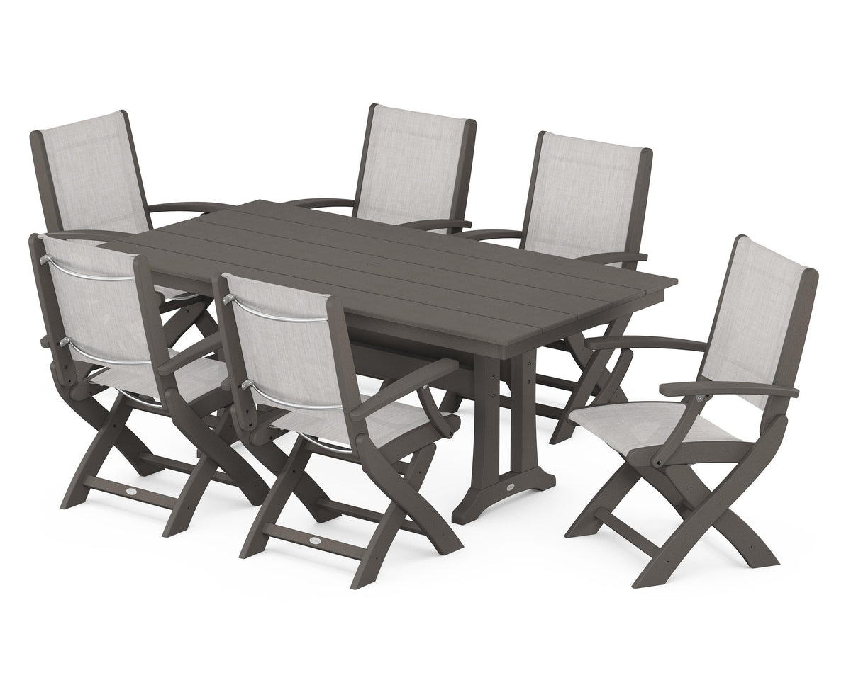 POLYWOOD Coastal Folding Arm Chair 7-Piece Farmhouse Dining Set with Trestle Legs in Vintage Coffee / Parchment