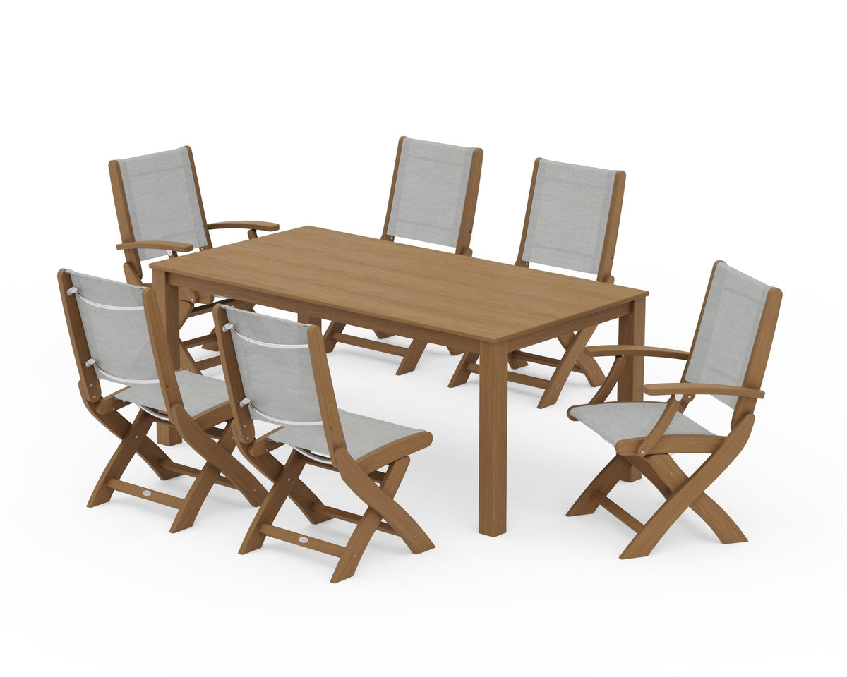 POLYWOOD Coastal Folding Chair 7-Piece Parsons Dining Set with Coastal Folding Side Chair in Natural / Metallic
