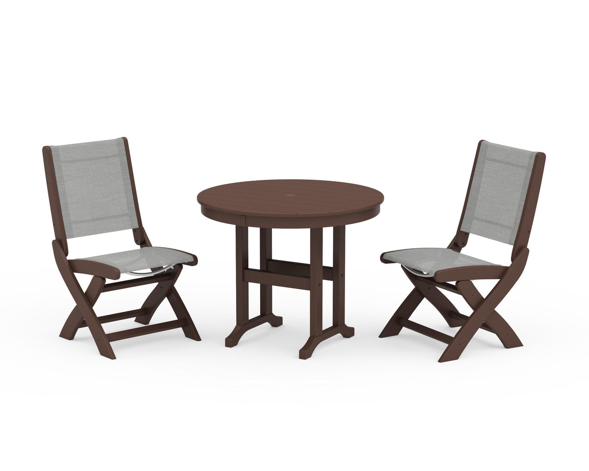 POLYWOOD Coastal Folding Side Chair 3-Piece Round Dining Set in Mahogany / Metallic
