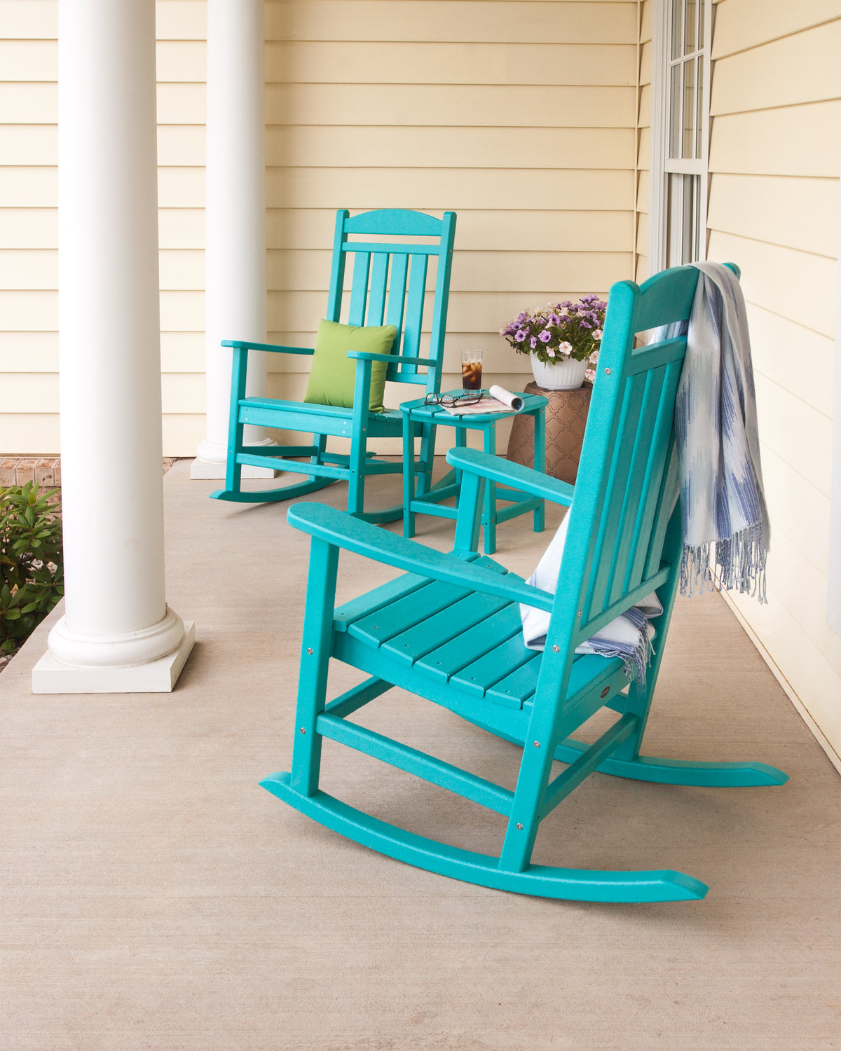 POLYWOOD Presidential Rocking Chair in Aruba styled outdoors
