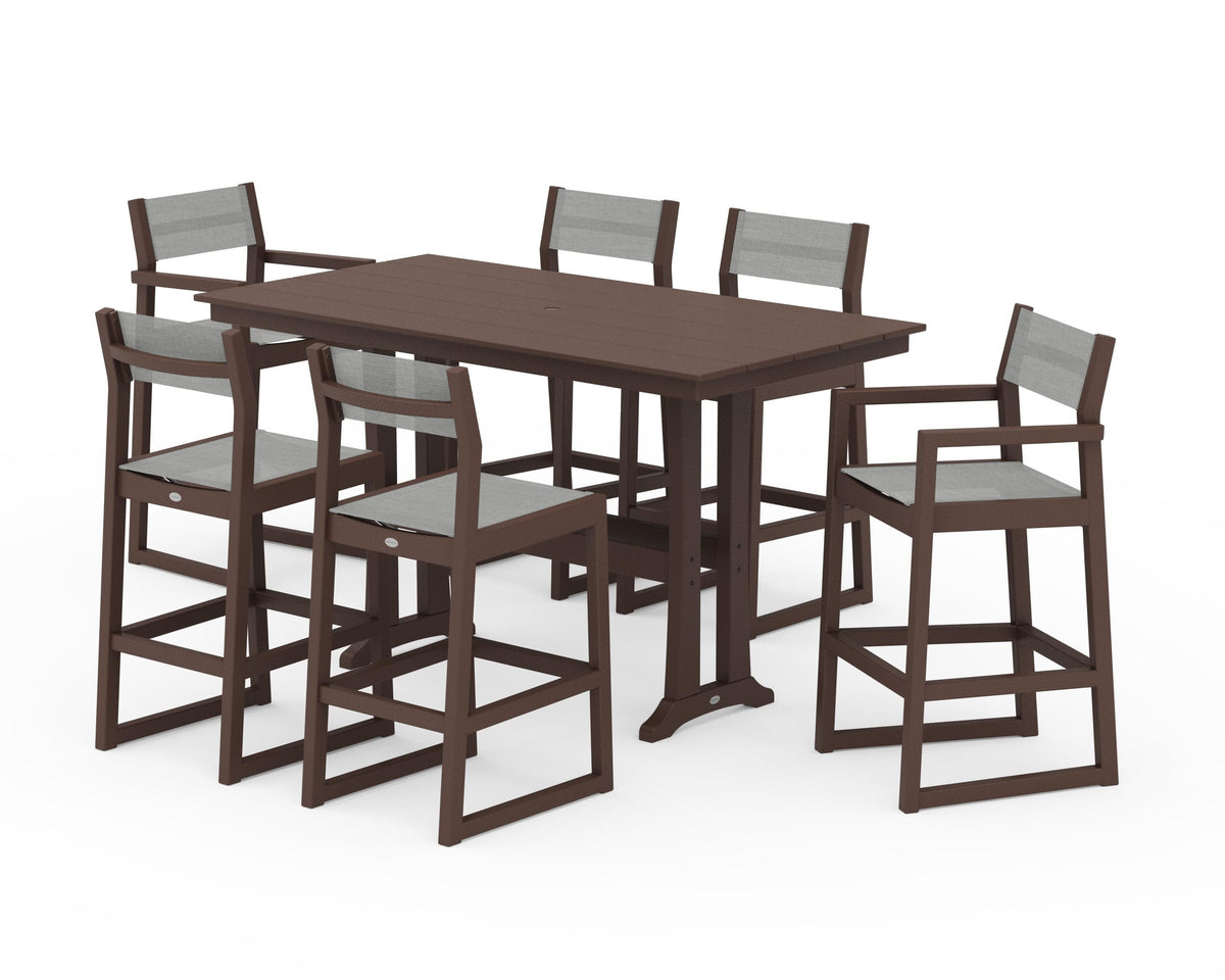 POLYWOOD EDGE Sling 7-Piece Farmhouse Bar Set with Trestle Legs in Mahogany / Metallic