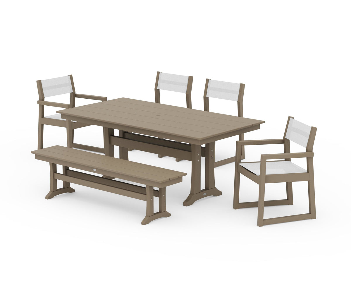 POLYWOOD EDGE Sling 6-Piece Farmhouse Dining Set With Trestle Legs in Vintage Sahara / White