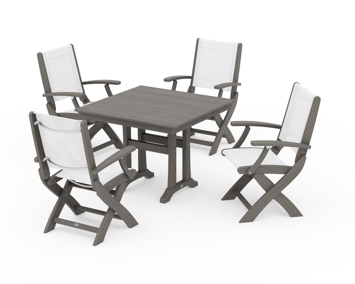 POLYWOOD Coastal Folding Chair 5-Piece Farmhouse Dining Set With Trestle Legs in Driftwood / White