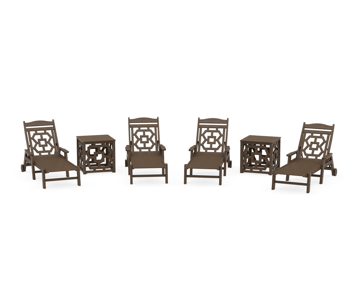 POLYWOOD Chinoiserie 6-Piece Chaise Set with Umbrella Stand Accent Table in Kona