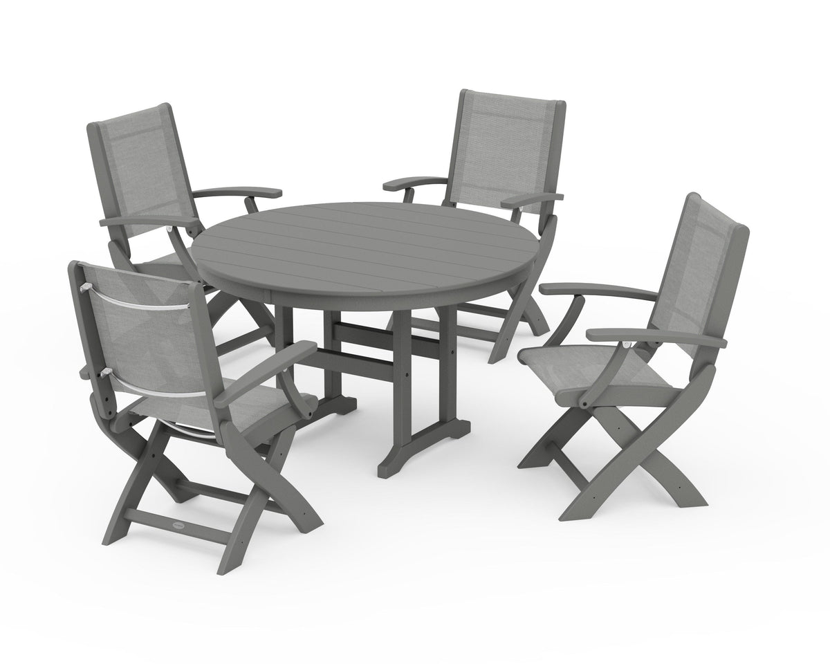 POLYWOOD Coastal Folding Chair 5-Piece Round Dining Set in Slate Grey / Metallic