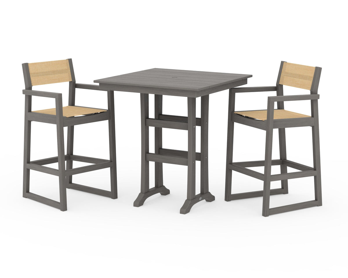 POLYWOOD EDGE Sling Arm Chair 3-Piece Farmhouse Bar Set with Trestle Legs in Driftwood / Dupioni Apricot