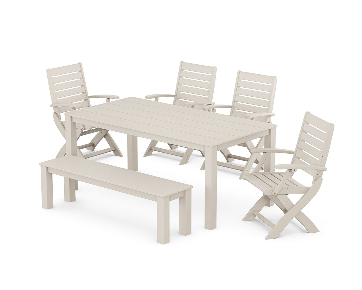 POLYWOOD Signature Folding Chair 6-Piece Parsons Dining Set with Bench in Sand