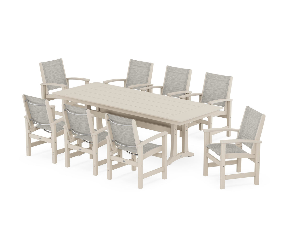 POLYWOOD Coastal 9-Piece Farmhouse Dining Set with Trestle Legs in Sand / Birch