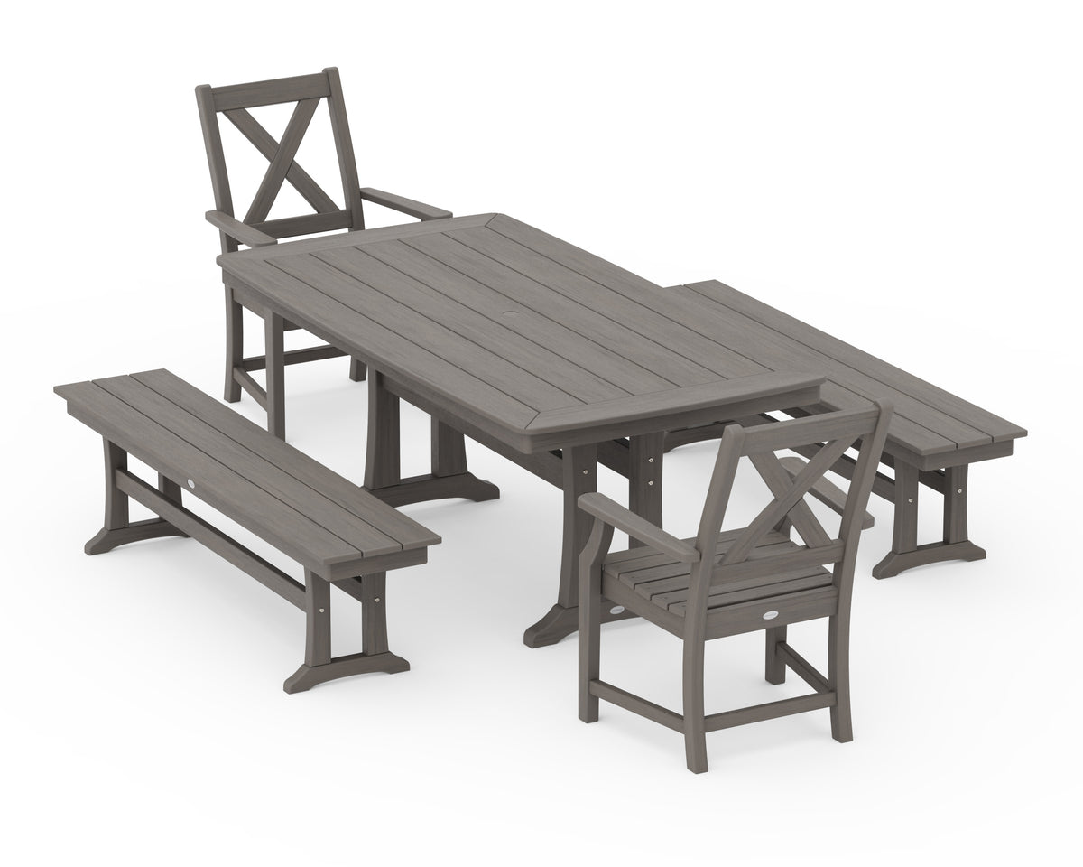 POLYWOOD Braxton 5-Piece Dining Set with Trestle Legs - 38" x 73" Table in Driftwood