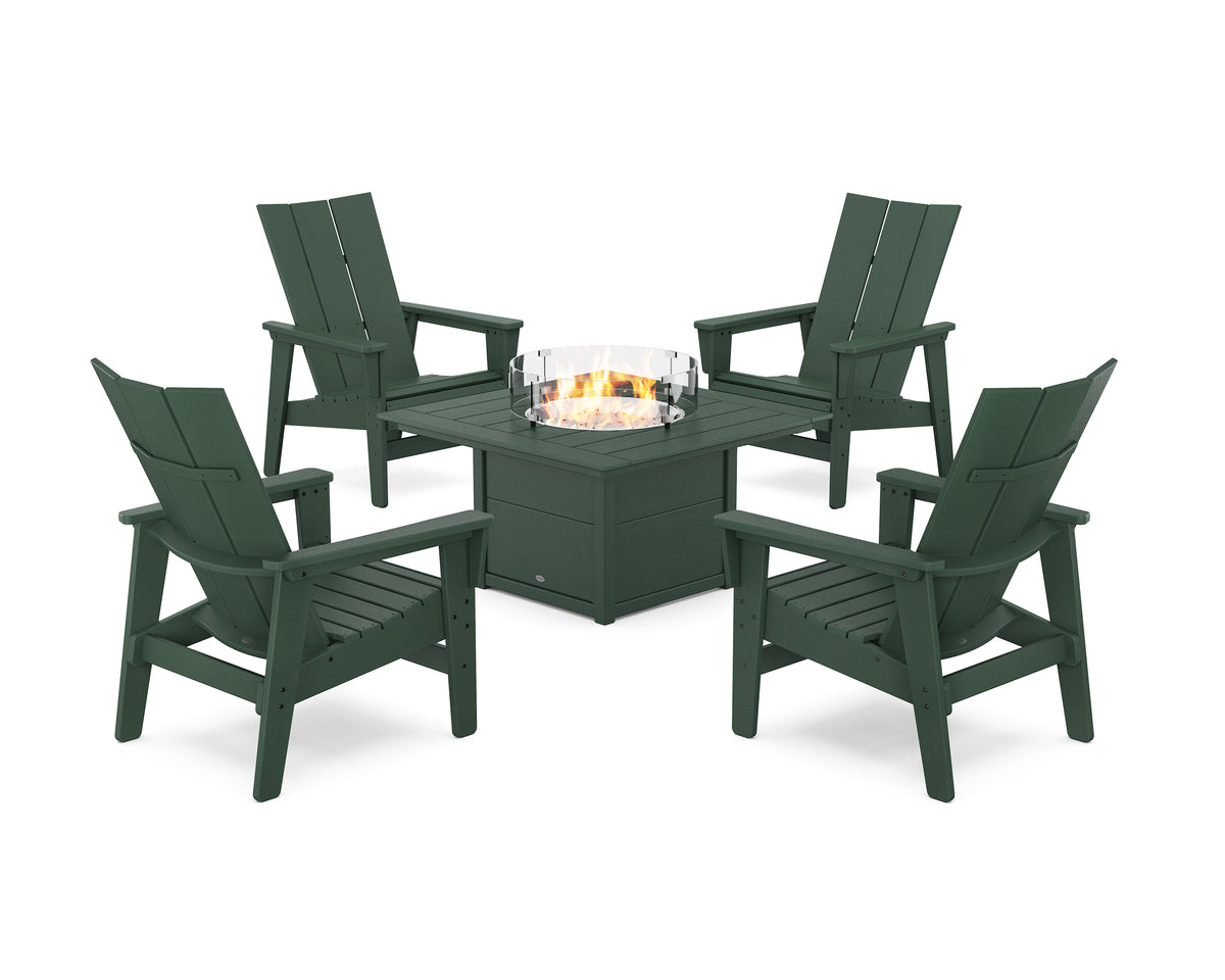 POLYWOOD 5-Piece Modern Grand Upright Adirondack Conversation Set with Fire Pit Table in Green