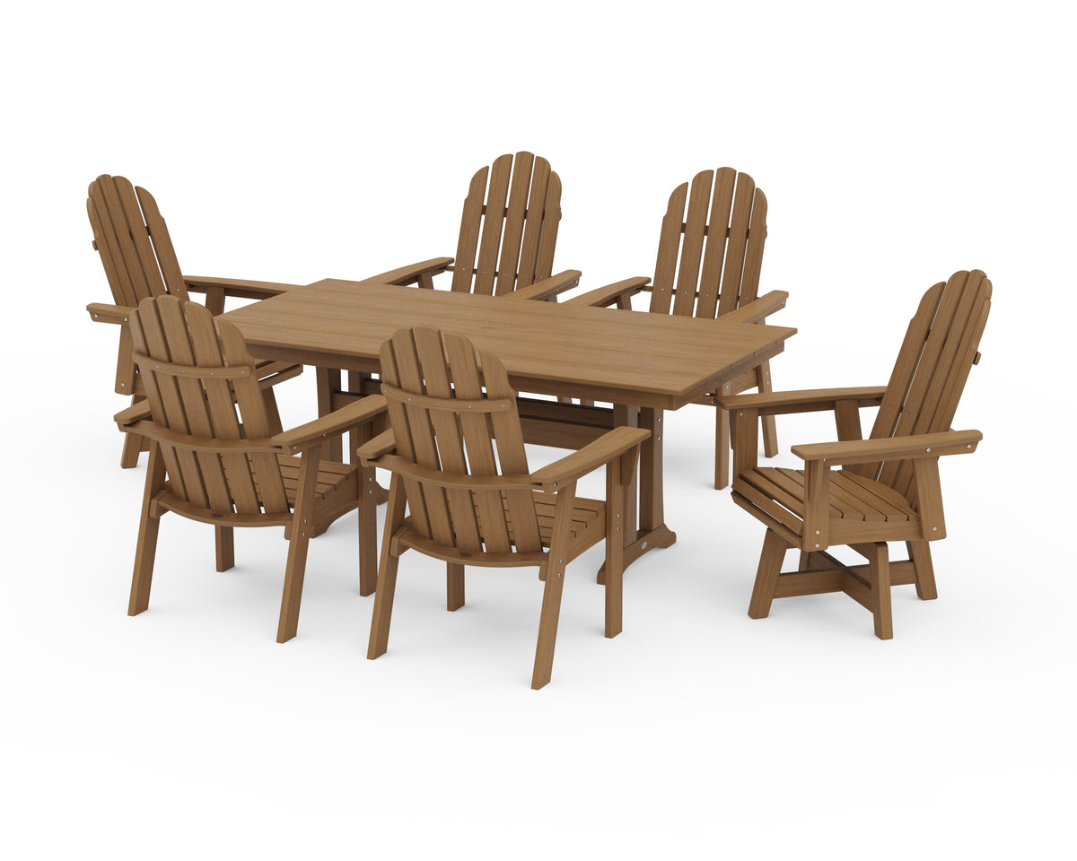 POLYWOOD Vineyard Curveback Adirondack Swivel Chair 7-Piece Farmhouse Dining Set with Trestle Legs in Natural