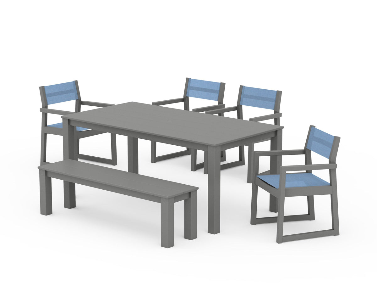 POLYWOOD EDGE Sling Arm Chair 6-Piece Parsons Dining Set with Bench in Slate Grey / Poolside