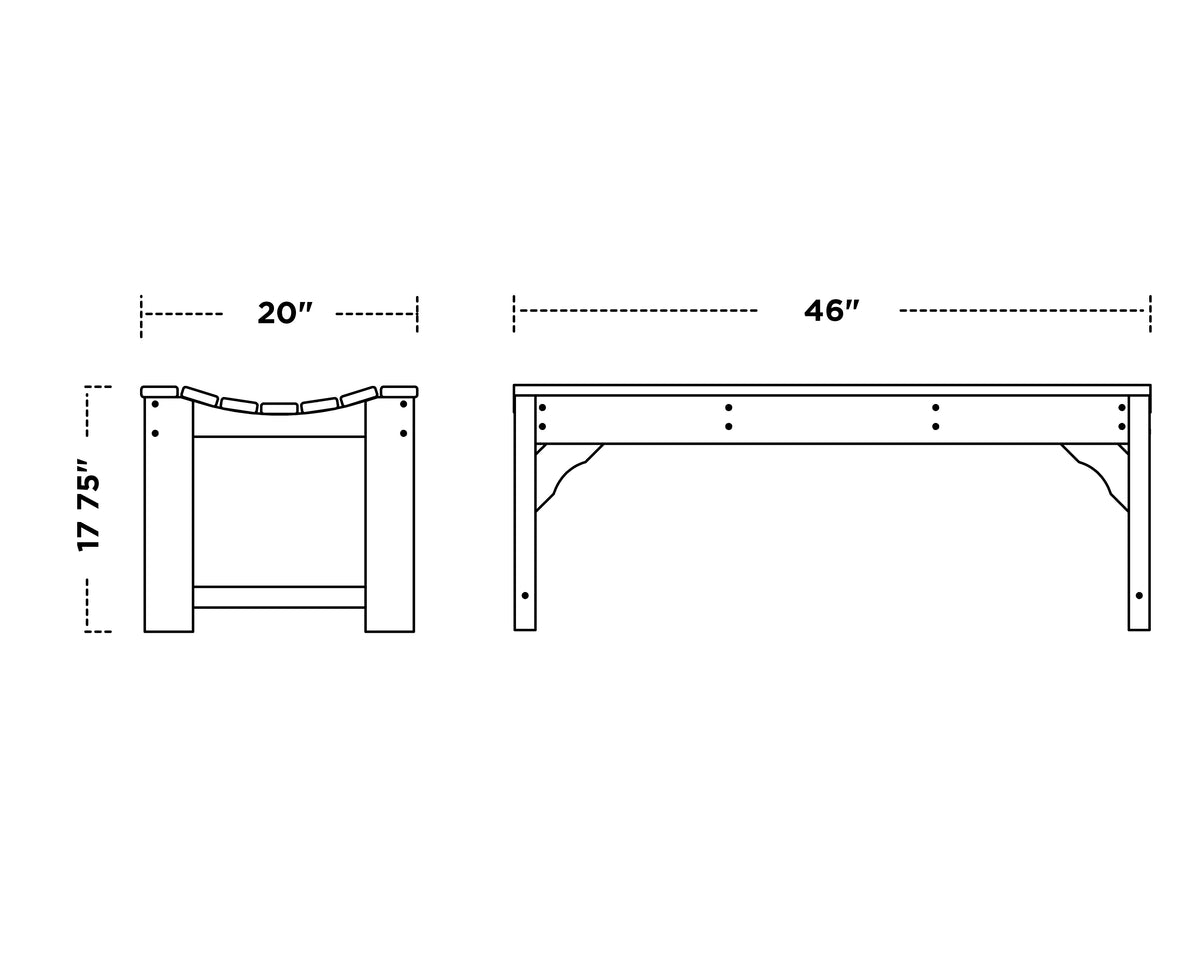 POLYWOOD Traditional Garden 48" Backless Bench dimension drawing with width, depth and height measurements